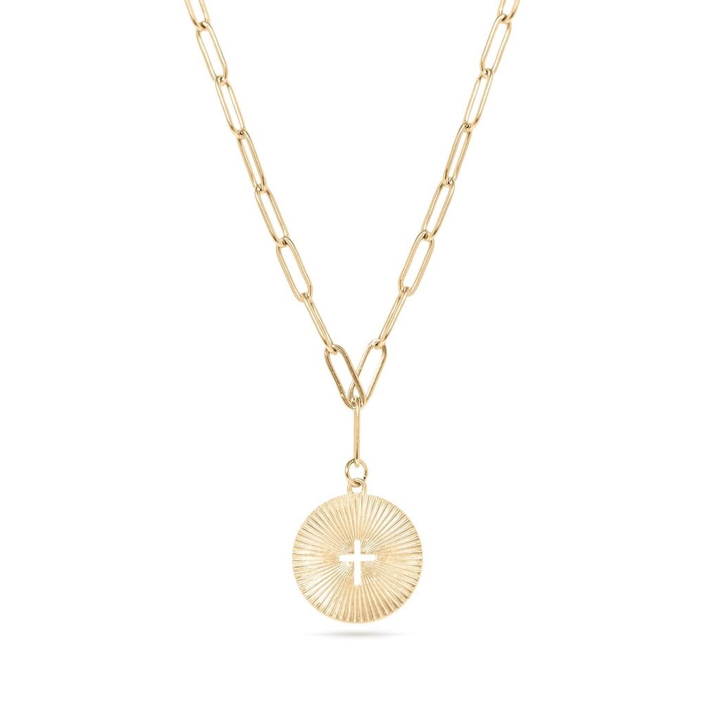 #075 18K Gold Plated Stainless Steel Sunburst Cross Paperclip Pendant Necklace